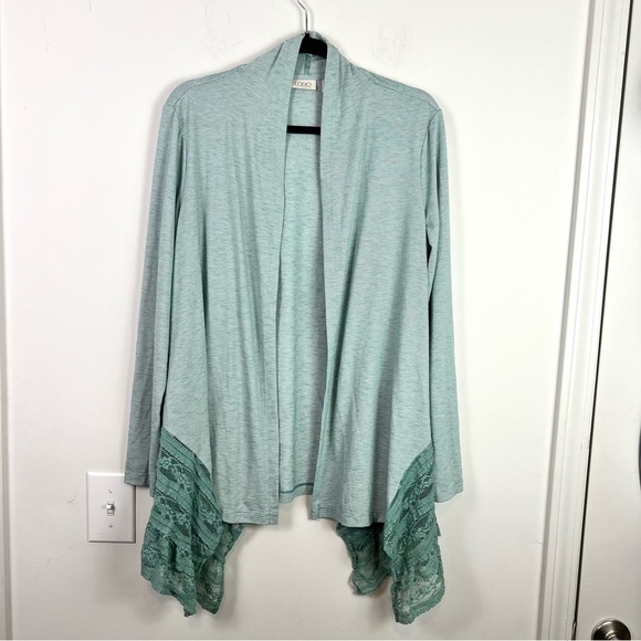 LOGO by Lori Goldstein Cardigan womens medium Open Front Stripe  w/ Lace Godets - Picture 2 of 9